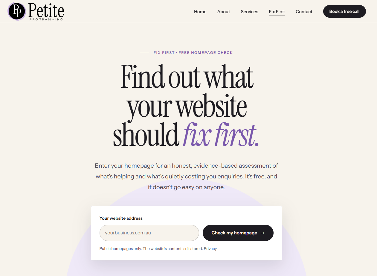 Fix First, Petite Programming’s free interactive homepage check