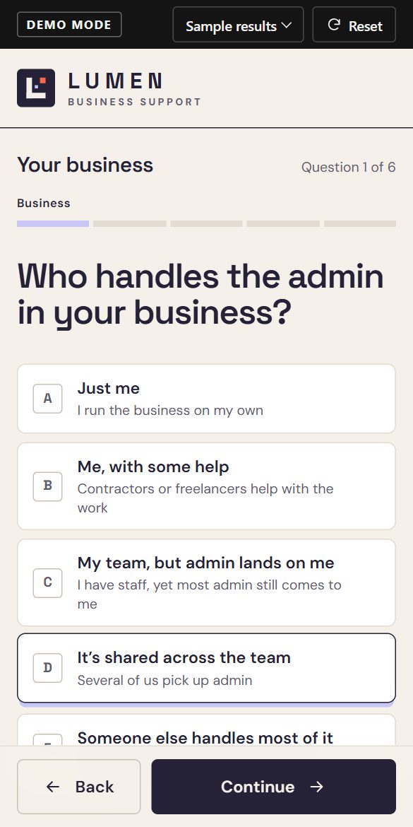 The first of six questions in the Business Bottleneck Finder, shown on a phone